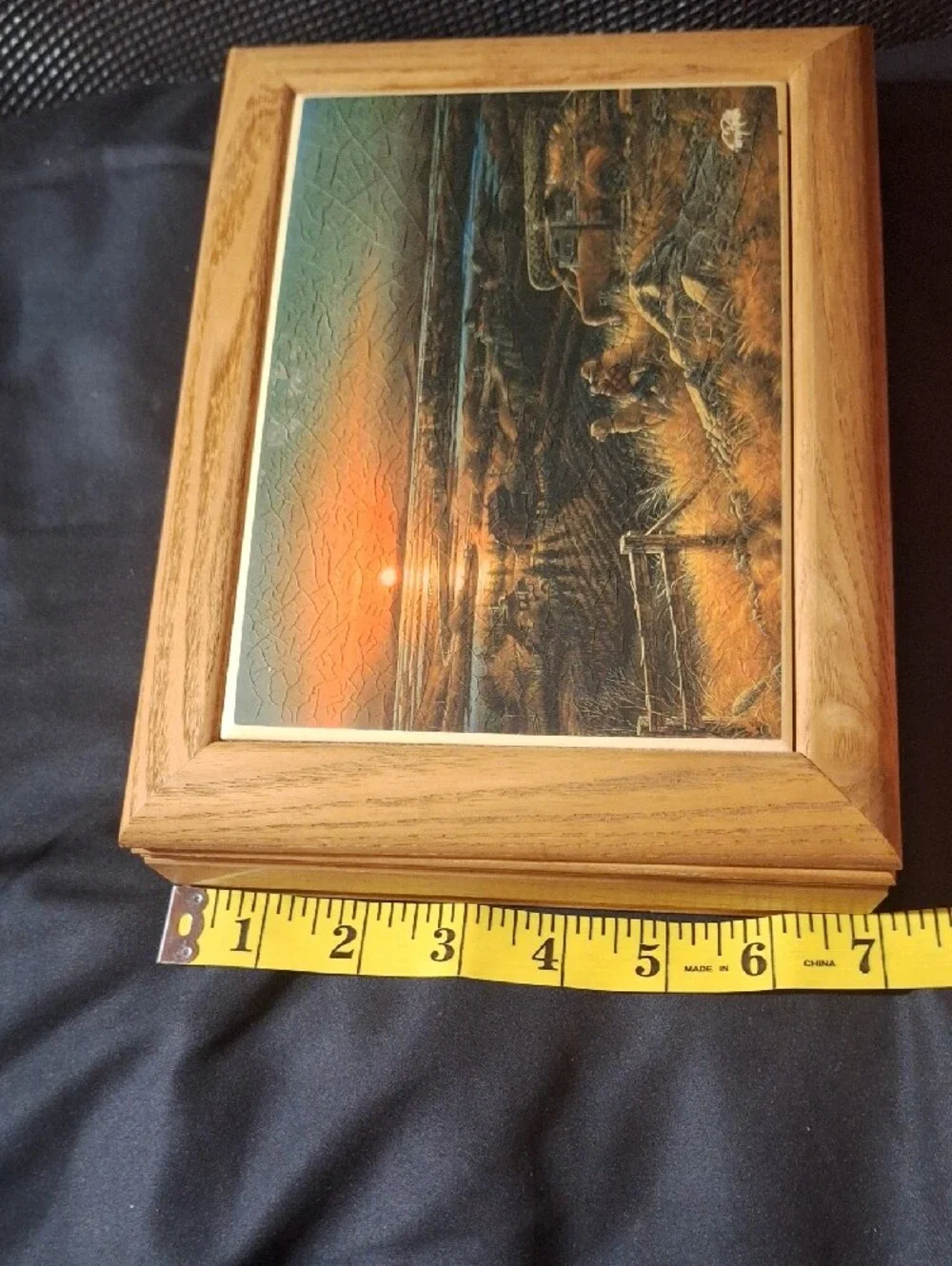 Vintage Sunset Coastal Landscape Wood Box with Red Velvet Lined